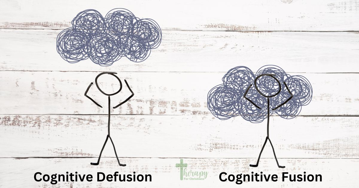 Acceptance and Commitment Therapy Visual difference between cognitive fusion and defusion 