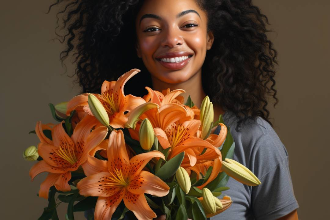 Women holding orange asiatic lilies, oriental lily, smiling and available in early summer and year round - Flower Guy
