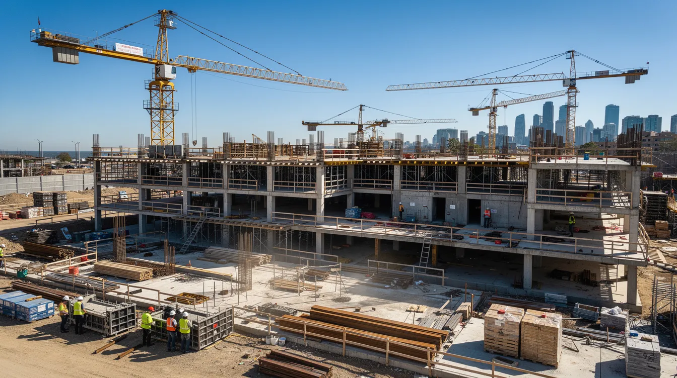 A wide view of an active commercial construction site in Southern California features cranes, concrete forms, and workers in hard hats, all working under a clear sky. The scene reflects the bustling construction industry, where compliance with prevailing wage laws and labor regulations is essential for project management and maintaining certified payroll records.