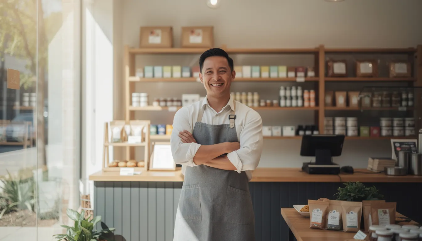 A small business owner stands confidently inside their well-organized shop, smiling proudly after securing funding. The warm lighting enhances the scene of empowerment and optimism, showcasing shelves stocked with products and a sense that the business has reached the point of stablility. No specific branding, logos, or text is shown. 