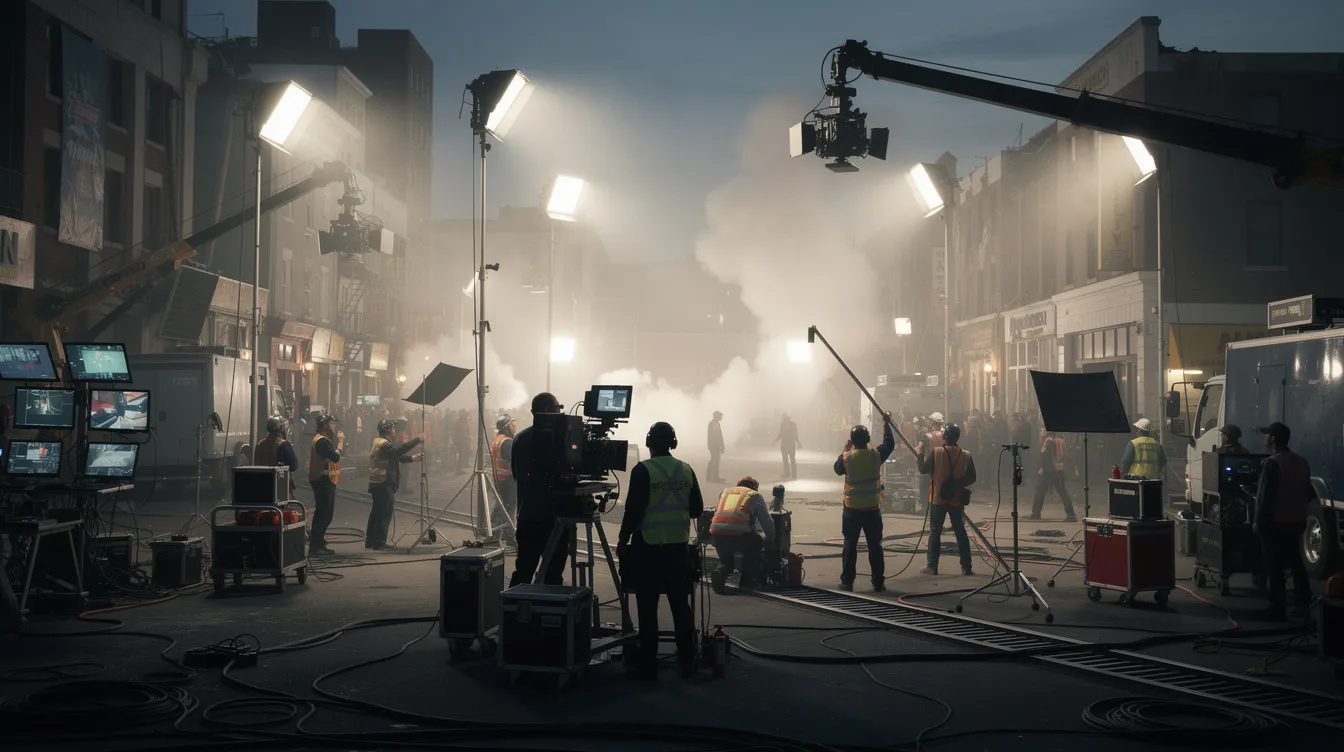 Das Bild zeigt eine große Filmproduktion am Set, mit Kränen und Scheinwerfern, während eine umfangreiche Filmcrew an einem Blockbuster arbeitet. Diese Szene verkörpert die aufwendigen Produktionskosten und Spezialeffekte, die für die teuersten Filme aller Zeiten wie "Avatar" und "Star Wars" typisch sind.