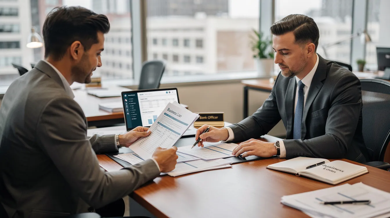 9d087637 f402 4227 8165 e085dbacc125 The image depicts a small business owner discussing documents with a bank officer at a desk, likely related to applying for financial assistance under the Mudra scheme. The setting suggests a focus on reviewing important paperwork for a business loan, possibly involving details about eligibility and loan amounts for micro enterprises.