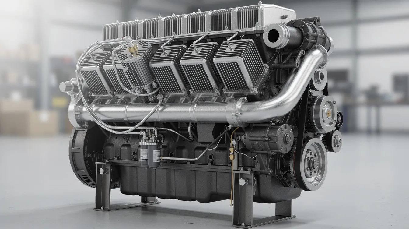 The image depicts an industrial diesel engine featuring prominent cooling fins and a visible cylinder arrangement, showcasing its technical details and specifications. This engine is designed for construction equipment, emphasizing low fuel consumption and high performance under extreme climatic conditions.