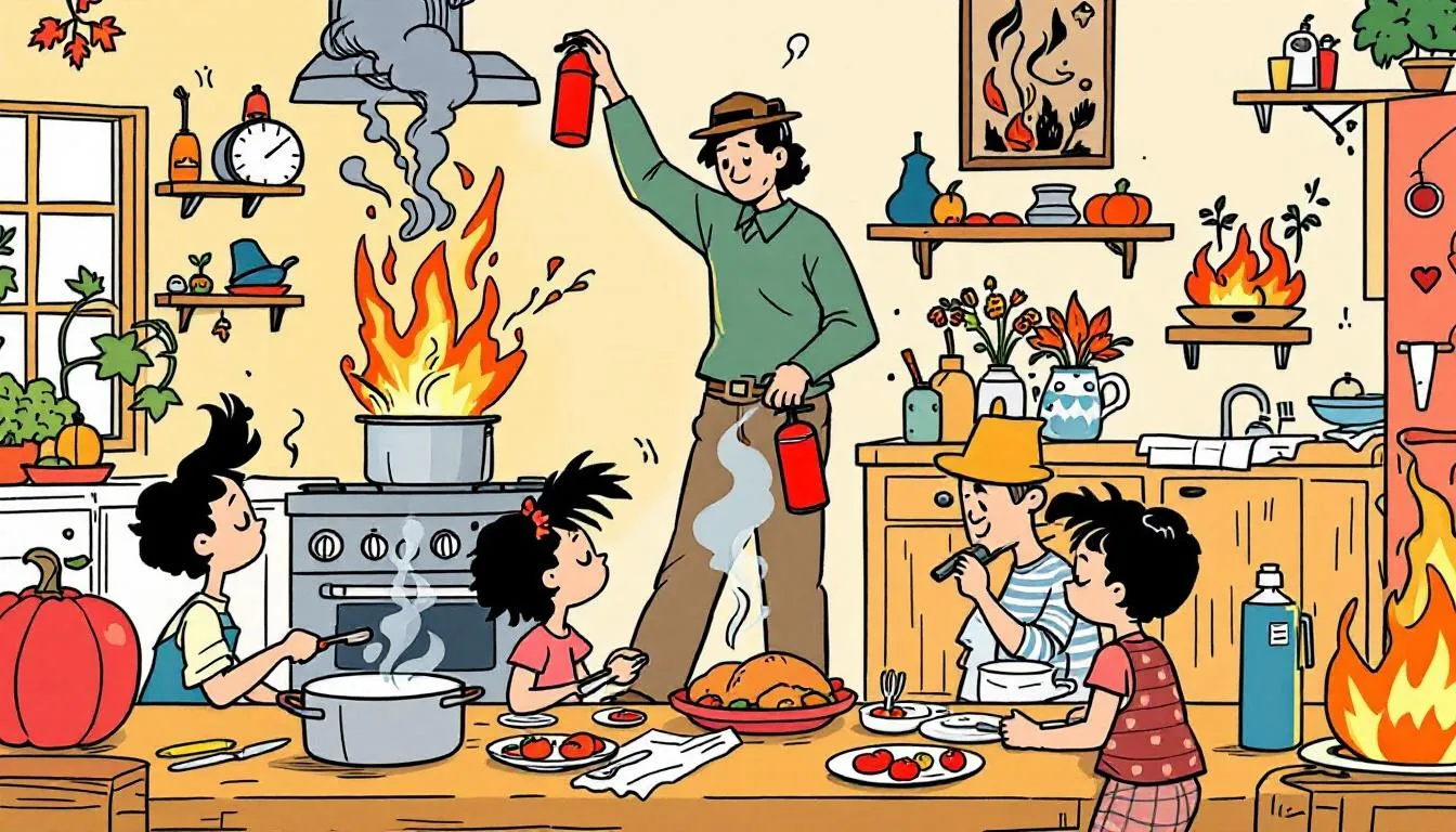 A family preparing a Thanksgiving meal, focusing on safe cooking practices to prevent cooking fires.