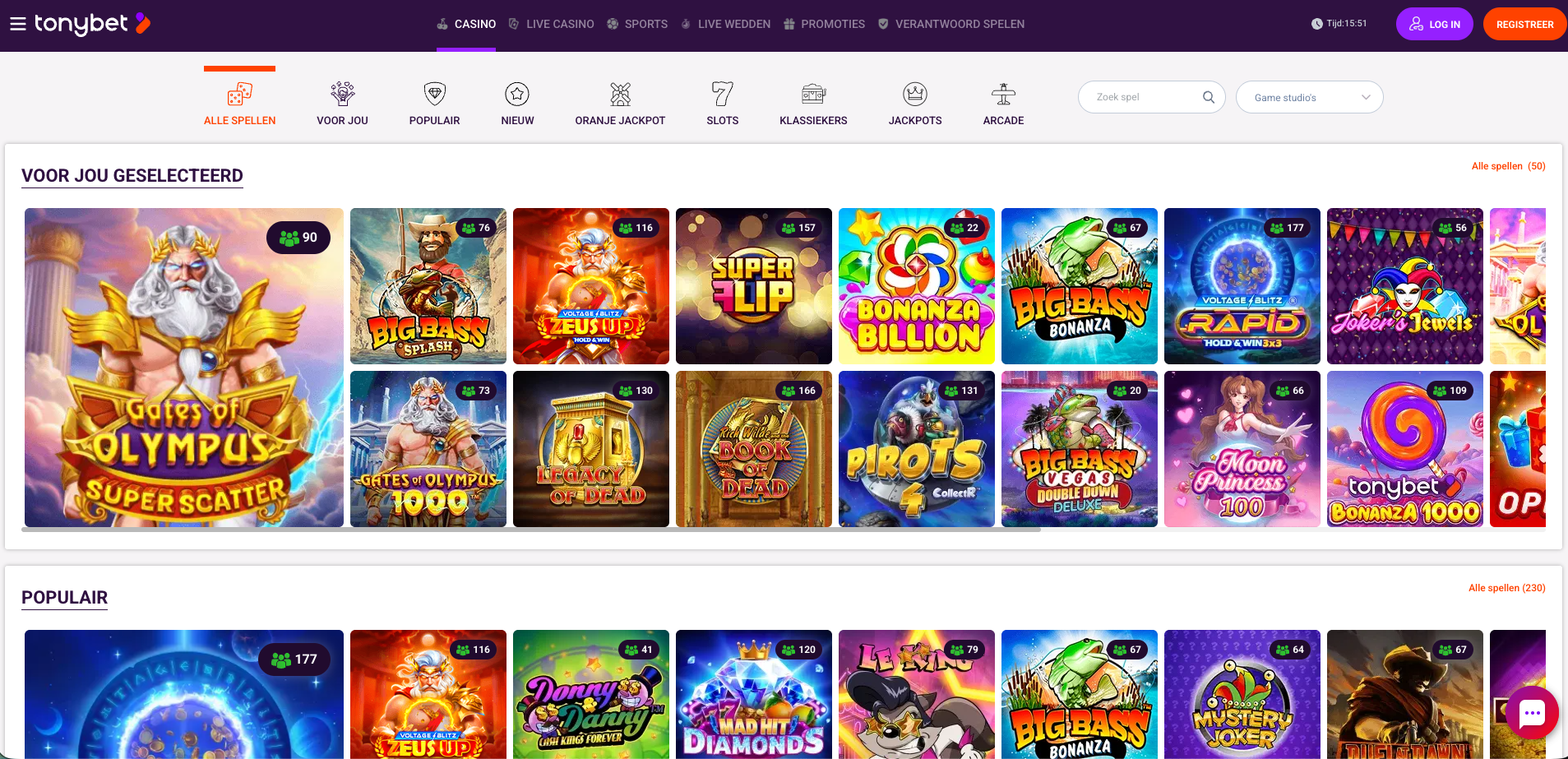 Overzicht van de TonyBet online casino lobby met aanbevolen en populaire videoslots, waaronder Gates of Olympus, Big Bass Splash, Zeus Up, Super Flip en Bonanza Billion, met categorieën zoals slots, jackpots en klassiekers.