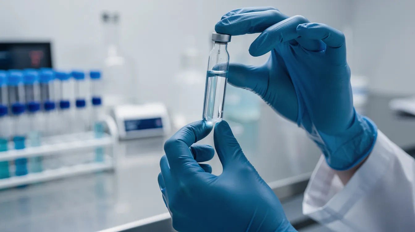 A laboratory technician, dressed in gloves, is closely examining a small glass vial under bright laboratory lights, indicative of the cannabis industry where compliance with federal law and state regulations, such as those concerning intoxicating hemp products, is crucial for safety and legality. The setting suggests a focus on hemp derived products, potentially including THCA flower and other legal hemp products.