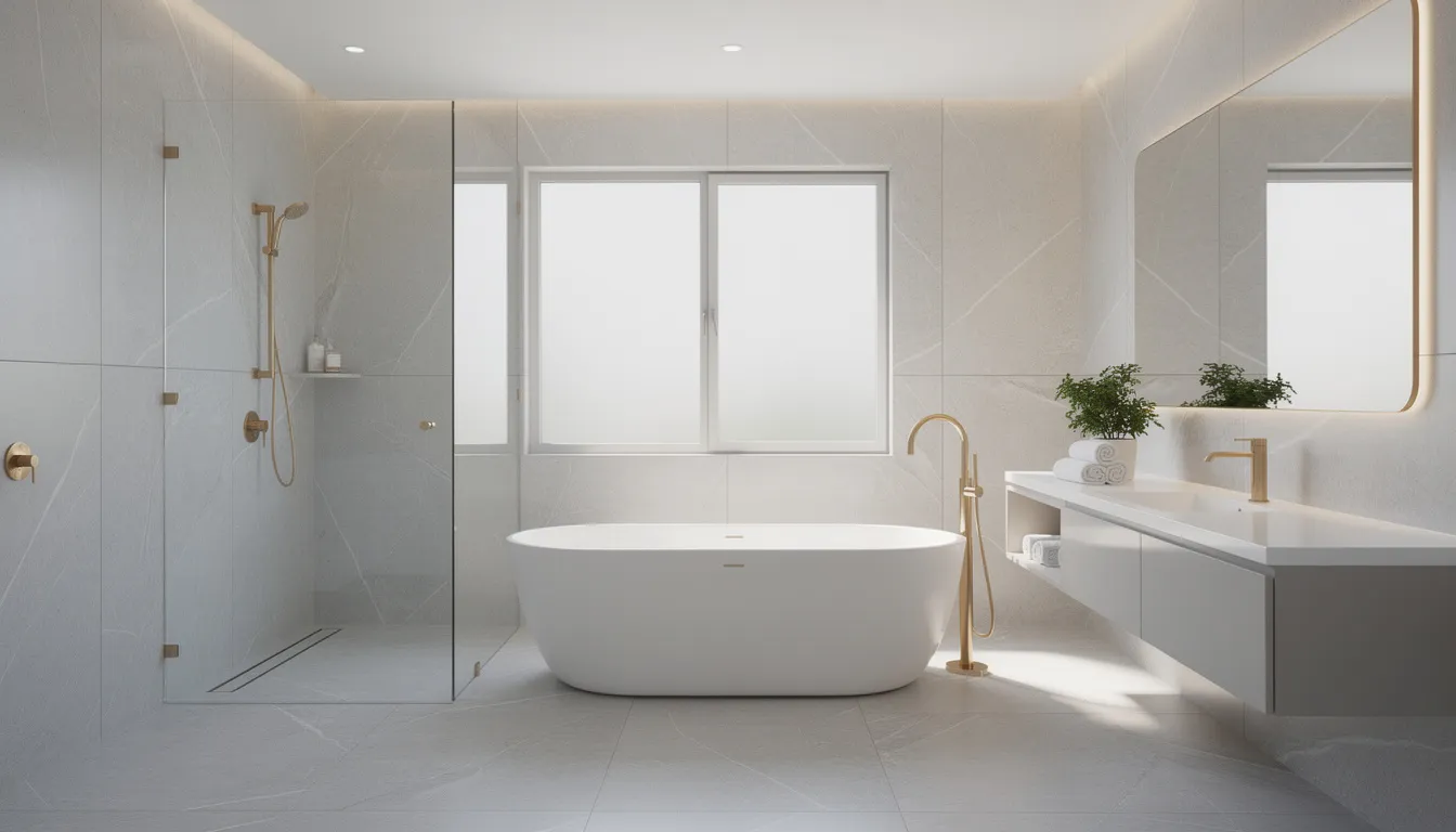 Een moderne badkamer met lichtgrijze marmerlook wandpanelen die een luxe uitstraling geven, en een vrijstaand bad met gouden kranen dat een stijlvolle upgrade biedt. De wandpanelen zijn volledig waterdicht en vereisen minimaal onderhoud, waardoor ze perfect zijn voor vochtige ruimtes.