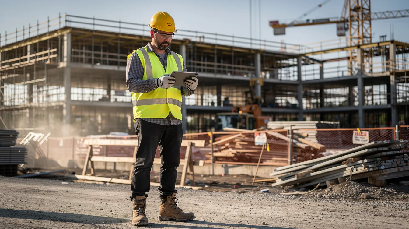 A construction professional, acting as a construction superintendent, is seen using a tablet on a bustling commercial construction site, overseeing project management tasks and ensuring compliance with safety regulations. The individual appears focused on tracking project progress while managing multiple trades and subcontractors, highlighting the key responsibilities of effective construction management.