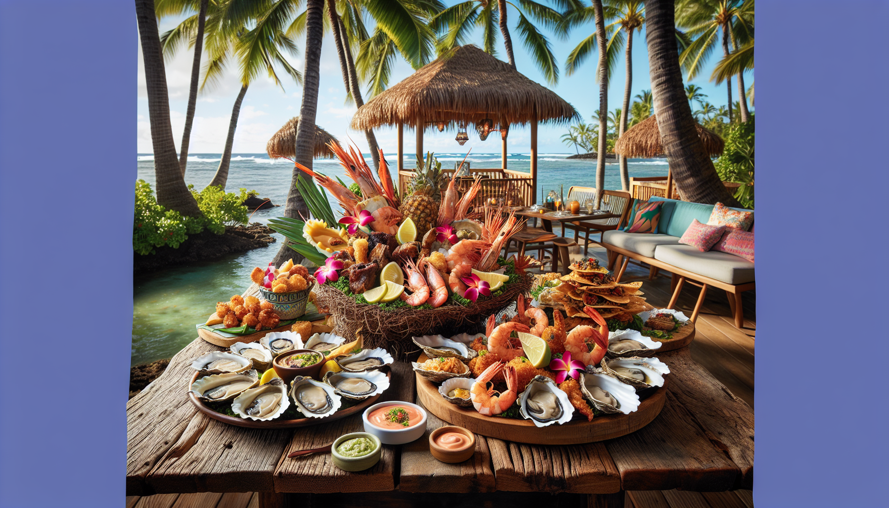 The Main Event: Dinner Delicacies: Indulge in Tiki Tiki's dinner menu, featuring chilled seafood platter, peel-n-eat shrimp, coconut shrimp, and Ahi Tuna Nachos, with customizable protein options.