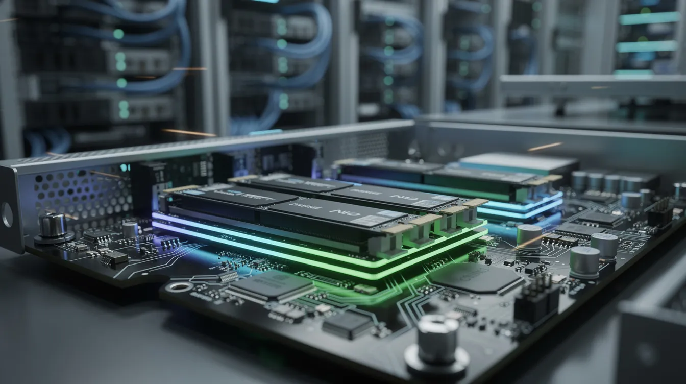 The image depicts a modern server setup showcasing NVMe SSDs, emphasizing their sleek design and advanced technology. This high-performance storage solution is essential for web hosting providers, ensuring fast data retrieval and reliability for small business websites.