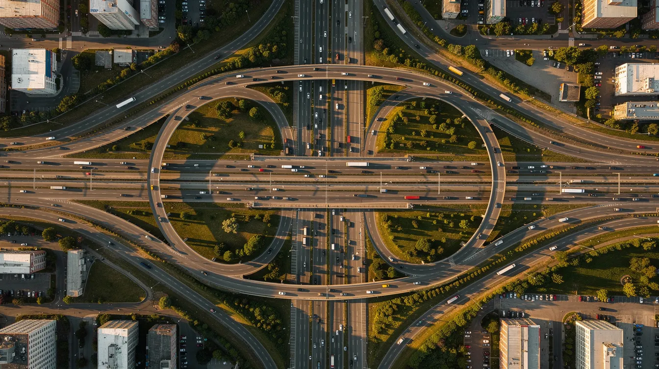 An aerial view of a complex highway interchange shows multiple lanes of traffic weaving together, indicative of a bustling urban area. This image highlights the interconnectedness of major highways, which is essential for vehicle shipping and auto transport services, especially for car shipping companies operating in regions like Rhode Island.