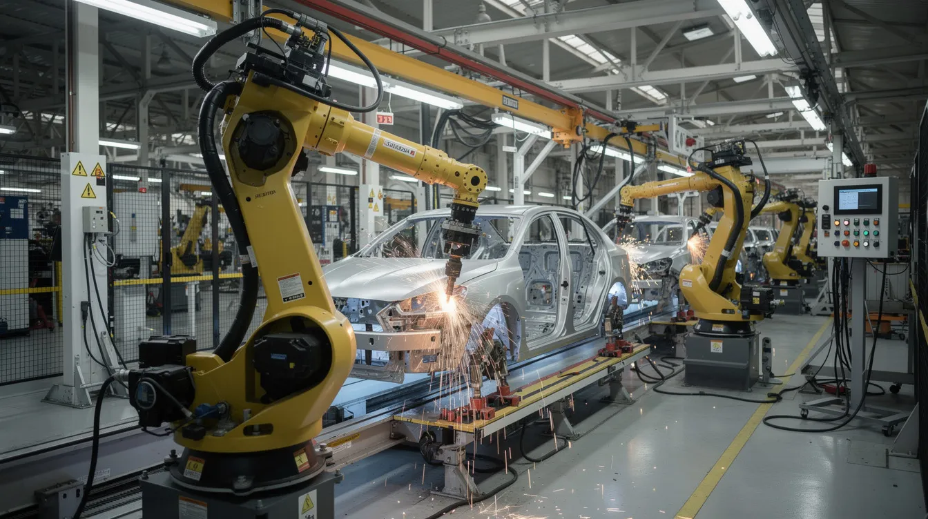 9d10daa2 aa5f 4bf5 983d 64ccbb5a3710 The image shows industrial robotic arms efficiently assembling automotive components on a busy assembly line, highlighting the integration of advanced technology in the manufacturing industry. This scene exemplifies the role of mechanical engineering services in optimizing production processes and ensuring quality control in automotive manufacturing.