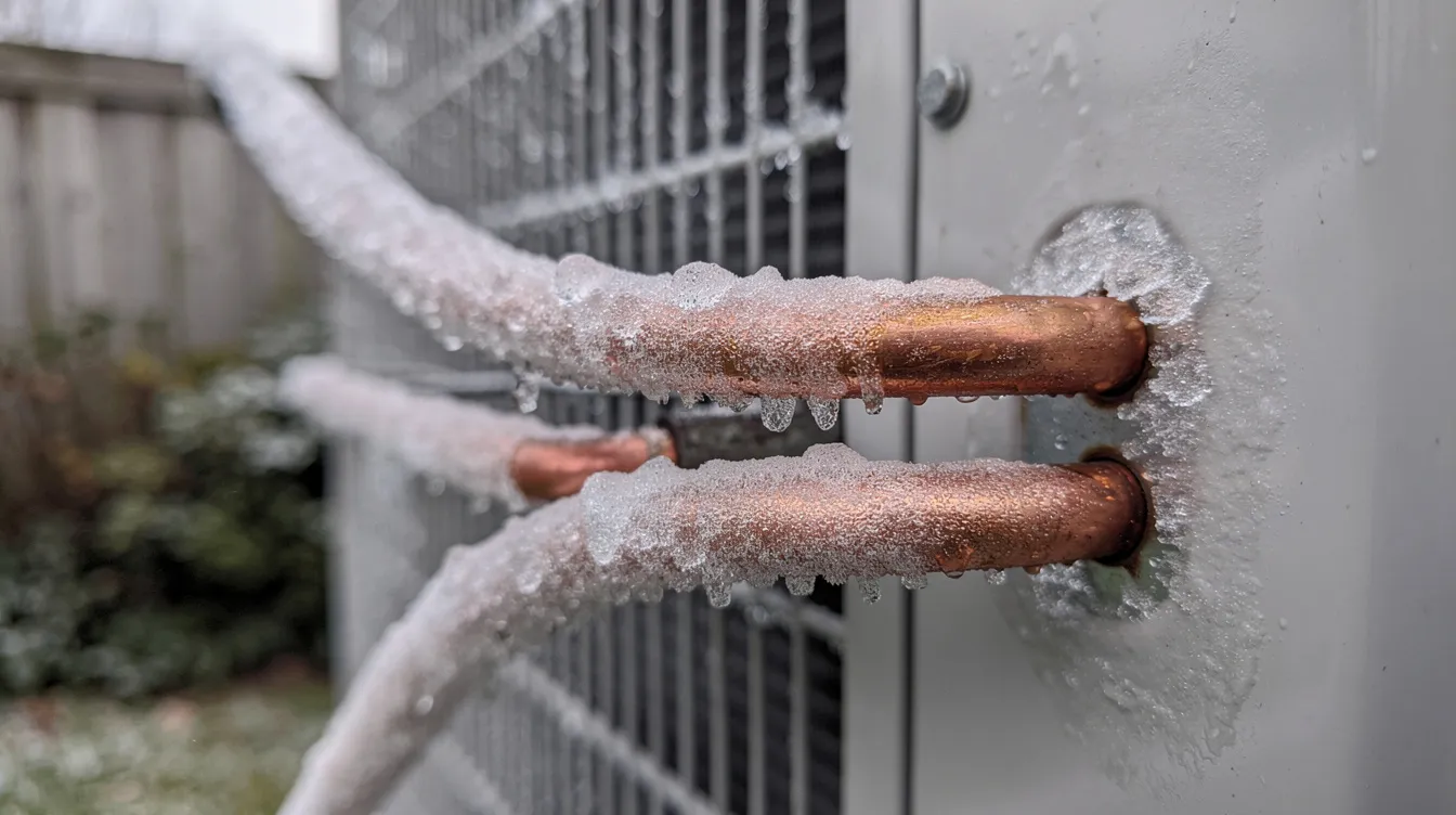A close-up view of ice forming on copper refrigerant lines connected to an outdoor air conditioning unit, indicating potential issues within the HVAC system that might require emergency AC repair. This frozen evaporator coil can affect the cooling system's efficiency and indoor air quality, especially during intense heat in New Orleans.