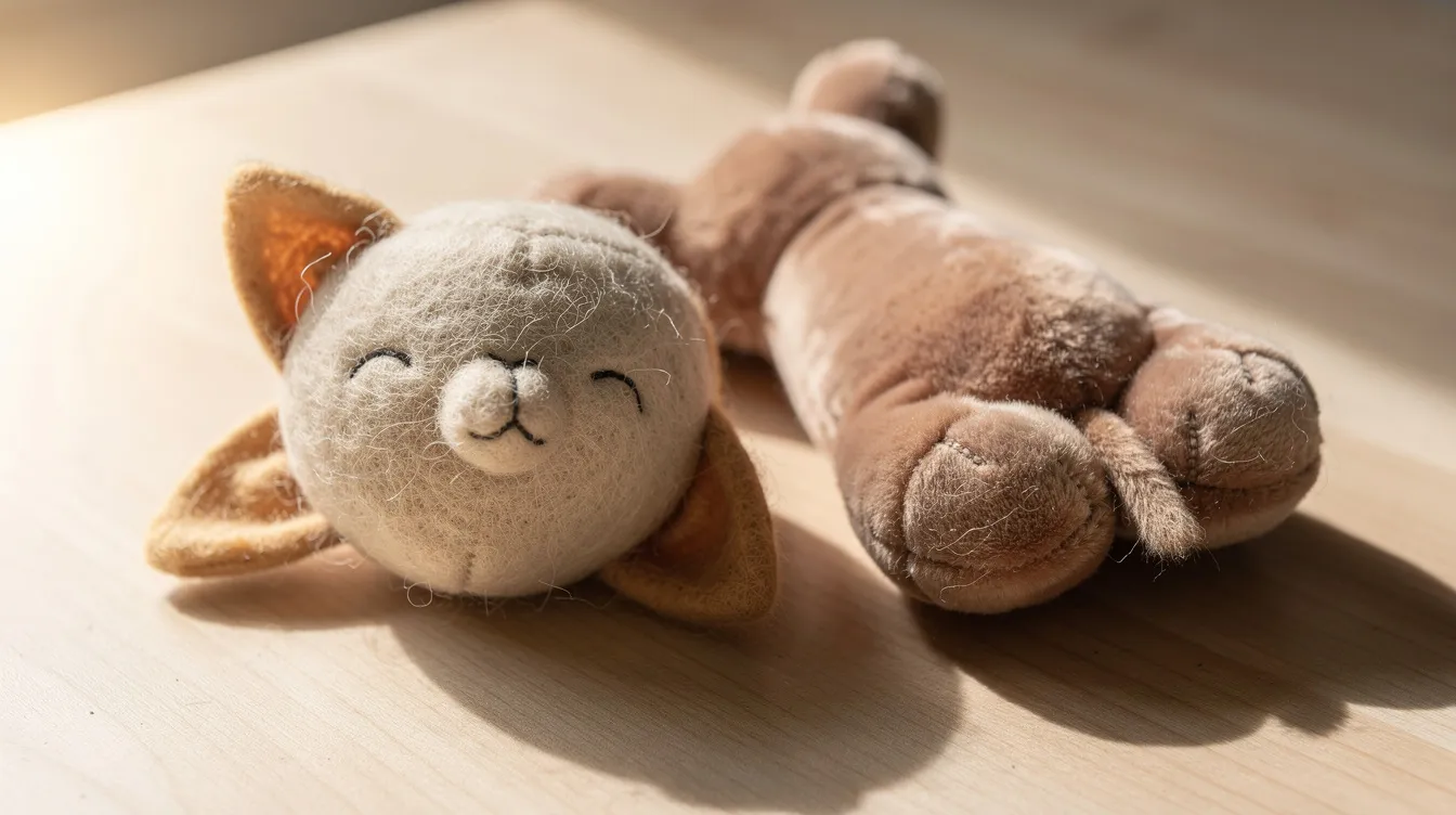The image features a close-up of a soft wool felt cat toy alongside a plush kicker toy, both resting on a wooden surface. These cat toys are designed to engage feline friends, providing mental stimulation and encouraging playful behavior.