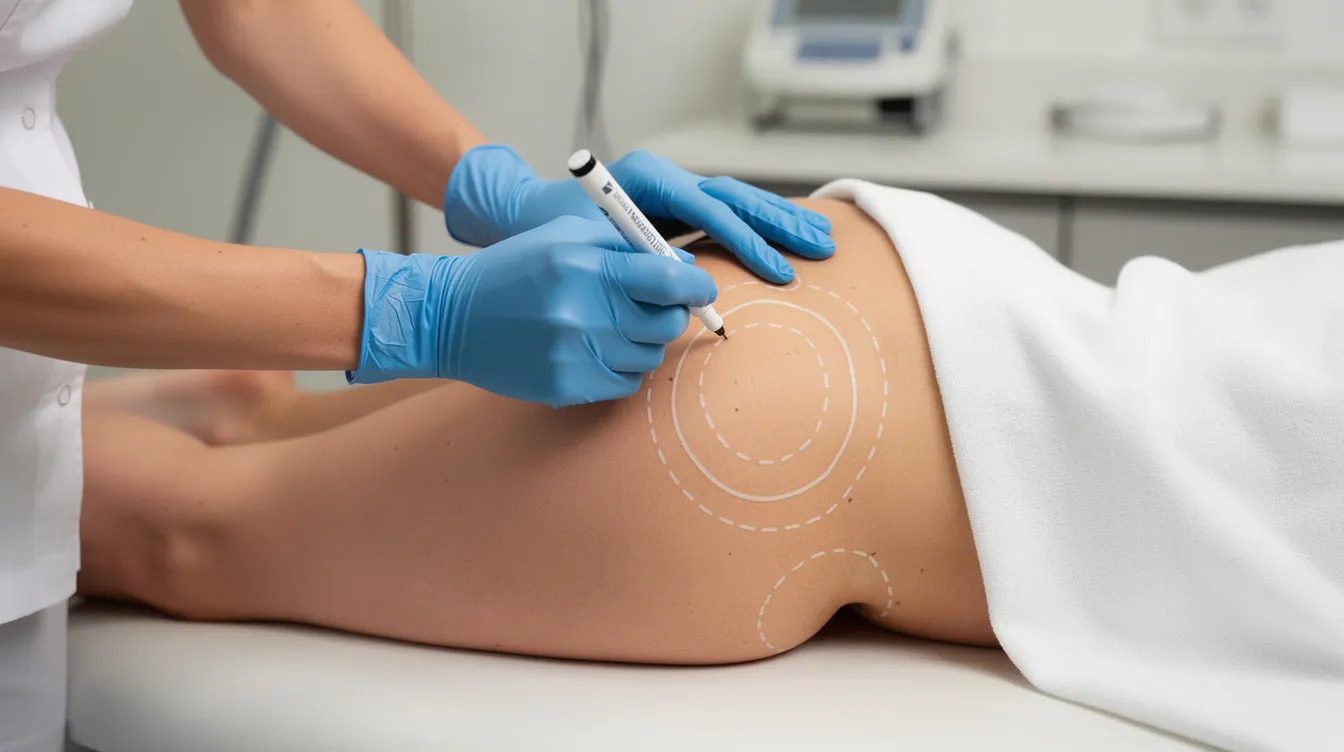 A close-up image shows a provider's gloved hands carefully marking treatment zones on a patient's hip and buttock area in preparation for a non-surgical procedure, such as a Sculptra butt lift. This minimally invasive treatment aims to stimulate the body's natural collagen production to enhance volume and improve the overall contour of the buttocks.