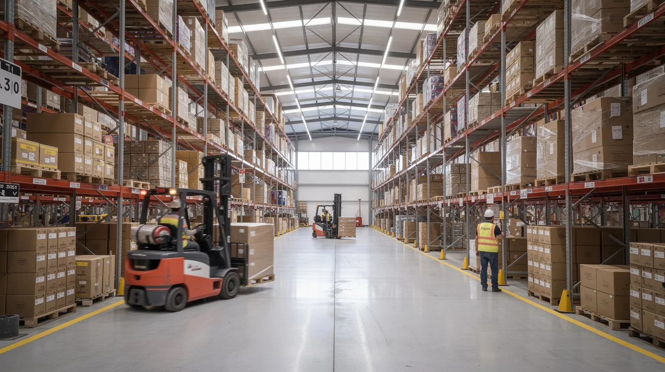The image depicts a large warehouse filled with organized shelving units and forklifts actively moving inventory. This efficient setup highlights the importance of inventory management for small businesses, showcasing a well-structured environment that supports financial processes and operational growth.