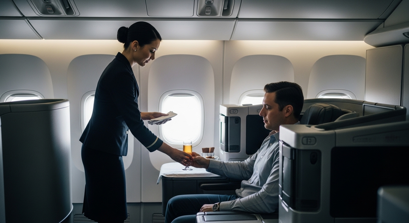 Quiet business class service onboard with professional cabin crew providing efficient and unobtrusive assistance during the flight.