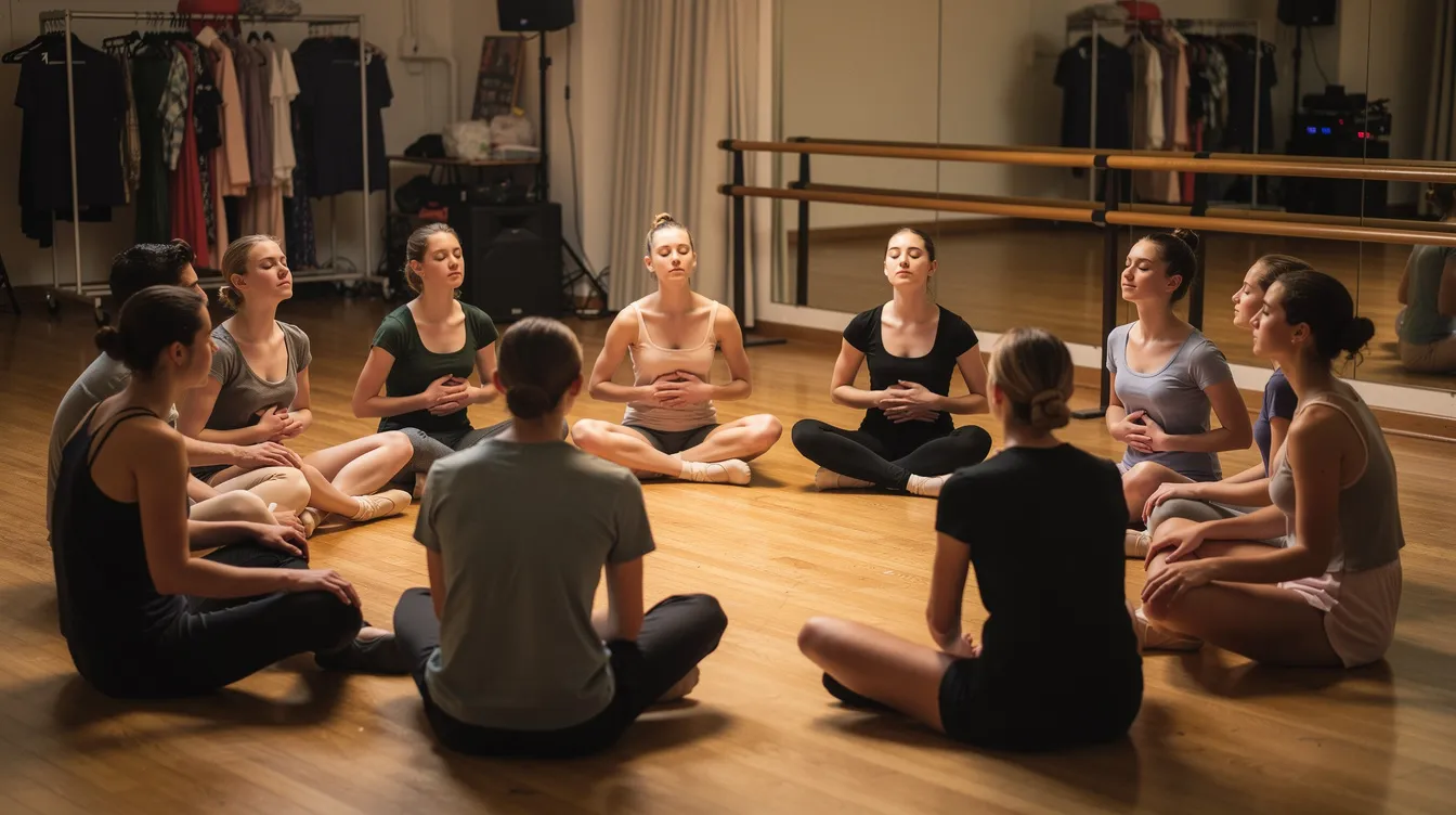 A group of young dancers is gathered in a circle, focusing on their breathing exercises as they prepare for their performance. This moment captures the calm before the excitement of the show, emphasizing the importance of managing pre-performance stress for a successful event.