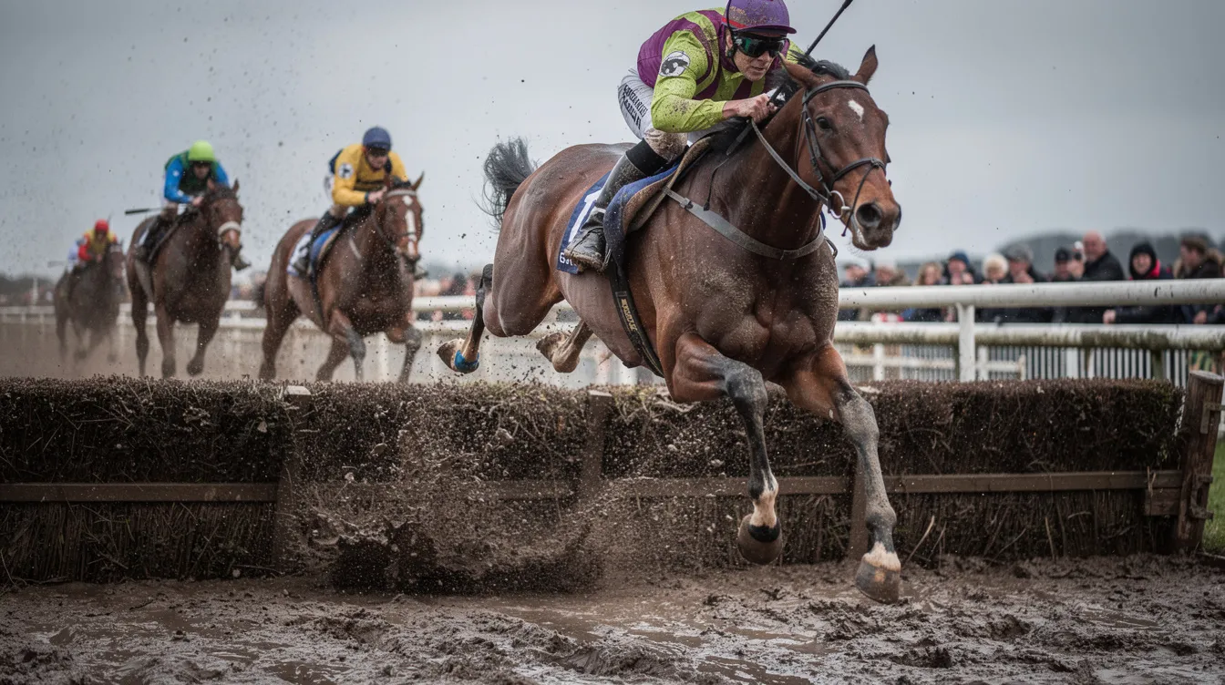 A group of horses competes in a steeplechase event on soft, muddy ground, showcasing the excitement of horse racing at the Aintree Grand National. The scene captures the intensity of the race as the horses navigate the famous national fences, a thrilling spectacle for fans and bettors alike.
