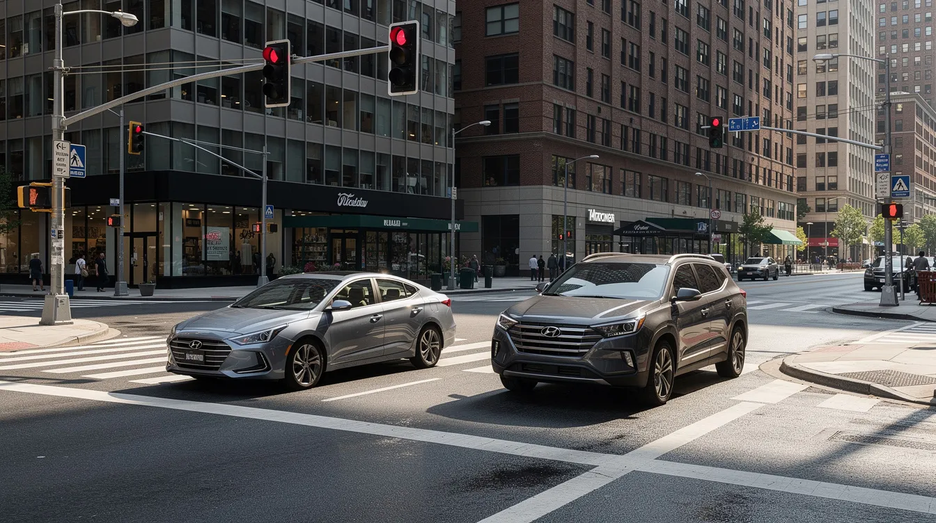 The image depicts two vehicles at an urban intersection, with traffic signals clearly visible. This scene could potentially involve a car accident, highlighting the importance of understanding traffic violations and accident liability in urban driving situations.