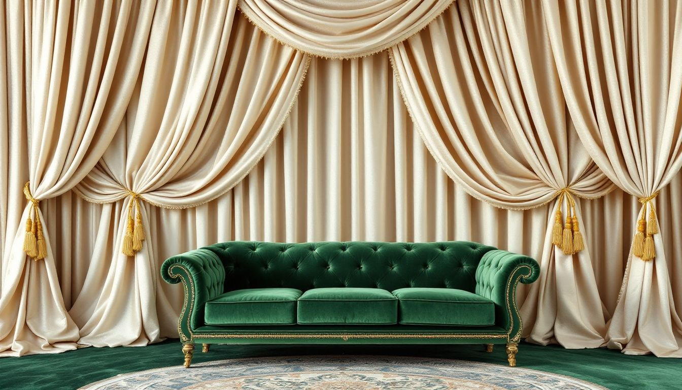 A beautifully arranged set of satin curtains and upholstery.