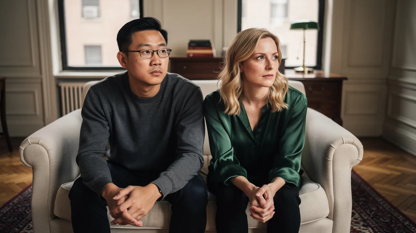 A serious and composed interracial couple in their early 30s sits closely together on a sophisticated linen sofa in a West Village pre-war apartment, illuminated by soft afternoon light. The man, of Korean descent, wears a charcoal grey sweater and glasses, while the woman, white with blonde hair, dons a forest green silk blouse; both appear reflective, embodying the emotional depth often explored in emotionally focused therapy as they navigate their relationship issues.