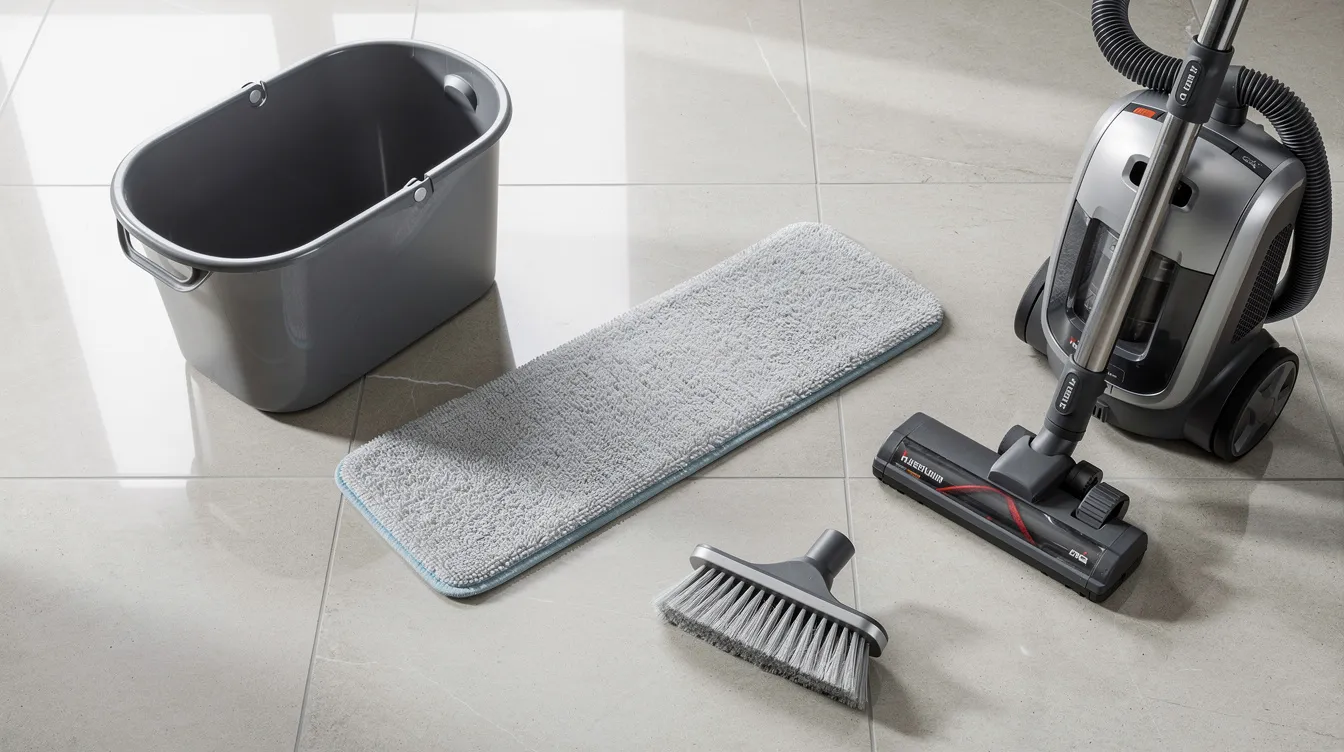 The image features a flat microfiber mop, a bucket, a vacuum cleaner, and a soft bristle brush neatly arranged on a light tile floor, highlighting essential tools for turnover cleaning. This setup reflects the equipment used by professional cleaning services to maintain quality in hard surface floors and ensure a deep clean in various environments.