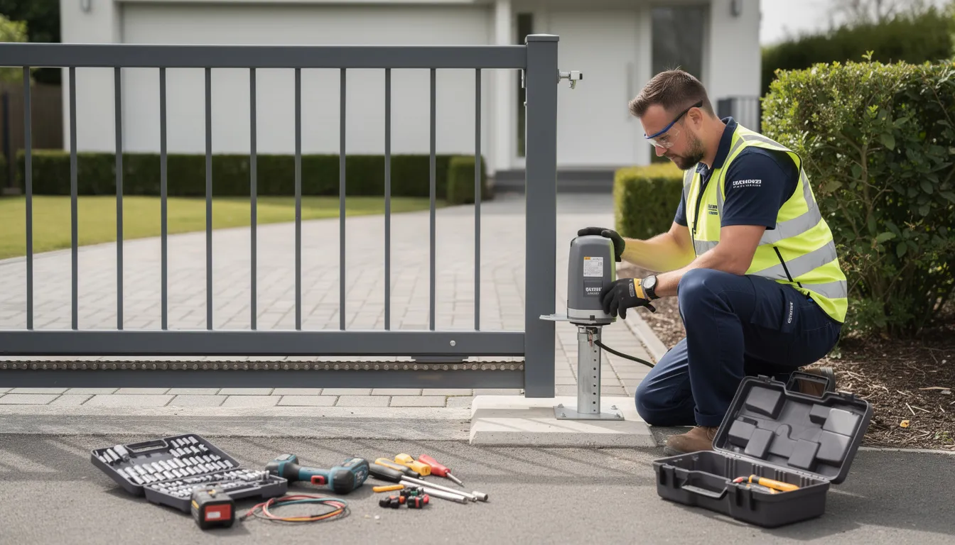 A professional fencing contractor is seen installing a gate motor mechanism for an automatic gate, ensuring it meets Australian standards for safety and quality. The contractor is working diligently on the installation, which will enhance the security and street appeal of the property in Keilor East, VIC.