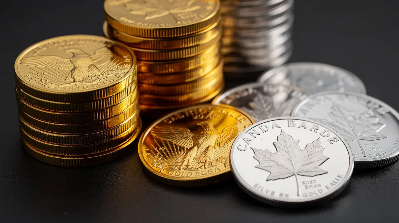 The image features a close-up view of gold eagle coins stacked neatly beside Canadian silver maple leaf coins, showcasing the beauty of physical precious metals. This arrangement highlights the appeal of investing in gold and silver products for retirement savings and diversification in a precious metals IRA account.