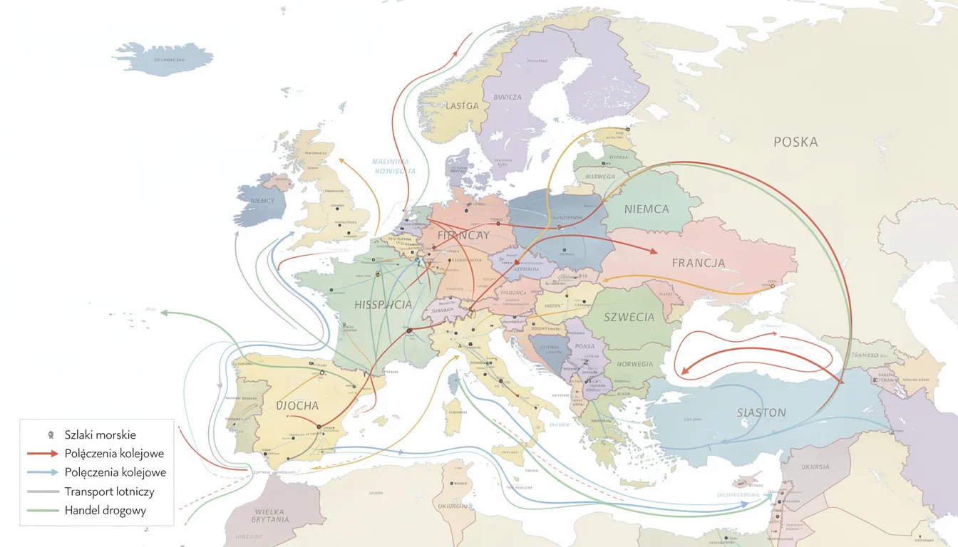 Na mapie Europy zaznaczone są szlaki handlowe oraz połączenia między krajami, co ilustruje dynamikę handlu zagranicznego oraz znaczenie faktoringu eksportowego i importowego w międzynarodowych transakcjach. Mapa podkreśla również kluczowe aspekty, takie jak weryfikacja zagranicznych kontrahentów i zarządzanie ryzykiem kursowym.