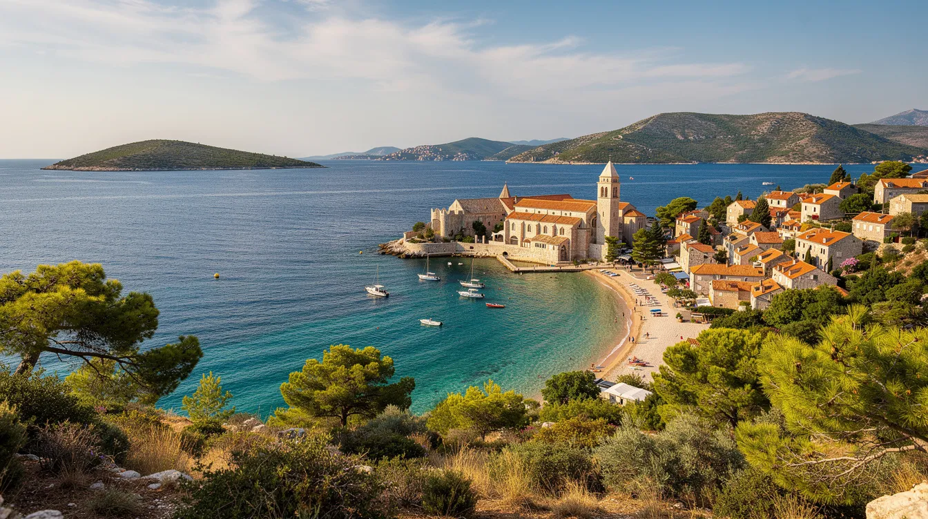 A imagem mostra a bela ilha de Lopud, localizada na região da Dalmácia, perto de Dubrovnik, na Croácia. O cenário inclui praias de areia fina, vegetação exuberante e a icônica Igreja de São Marcos, refletindo a rica cultura e história do país.