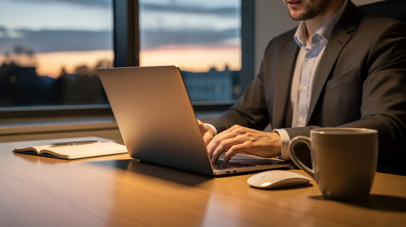 A professional is closing a laptop on a desk, with warm evening light streaming through a window in the background. This scene captures a moment of transition, symbolizing the end of a productive day and the importance of setting clear, achievable goals within a time frame for effective project management.