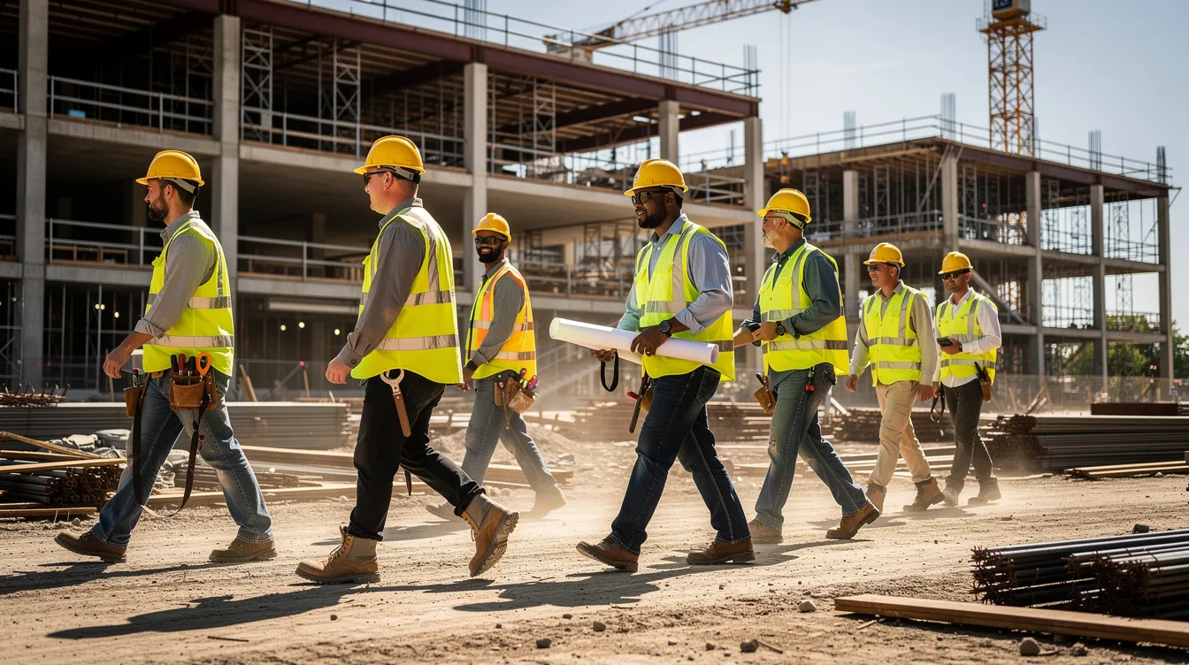 A group of construction workers, all wearing hard hats and bright safety vests, is seen walking across an active commercial job site. This scene emphasizes the importance of personal protective equipment and safety training in creating safer work environments within the construction industry.