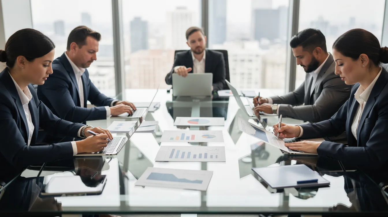 A group of business professionals is gathered around a conference table, intently reviewing financial documents related to renewable energy projects and energy transactions. The setting suggests a focus on project finance within the energy sector, highlighting the collaboration among energy lawyers and project developers in navigating regulatory compliance and investment opportunities.