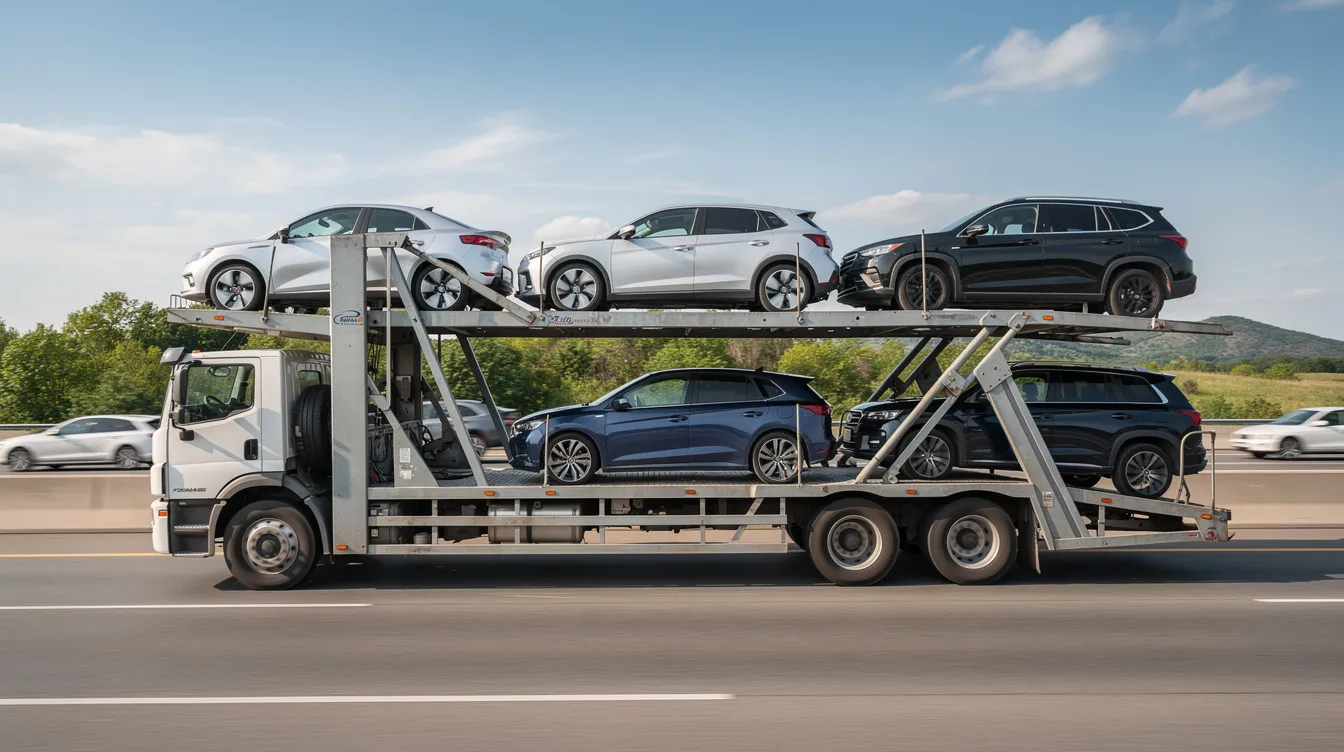 An open carrier truck is seen loaded with several sedans and SUVs traveling along an interstate highway, showcasing the efficiency of car shipping services. This scene highlights the auto transport industry, where multiple vehicles are transported simultaneously for cost-effective car shipment.