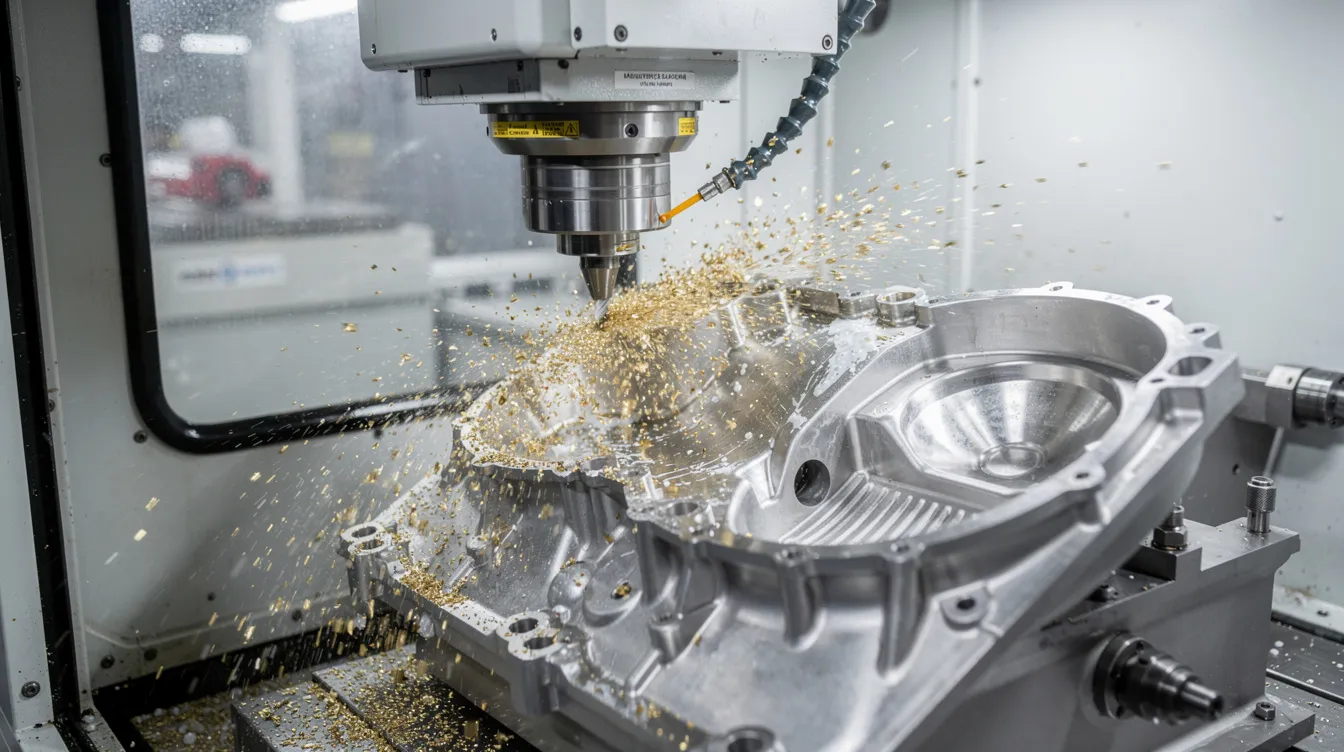A 5-axis CNC machine is actively milling a complex titanium aerospace component, showcasing its angled spindle cutting through the material with precision. This CNC machining process highlights the machine's capability to create custom CNC parts with tight tolerances, essential for aerospace applications.