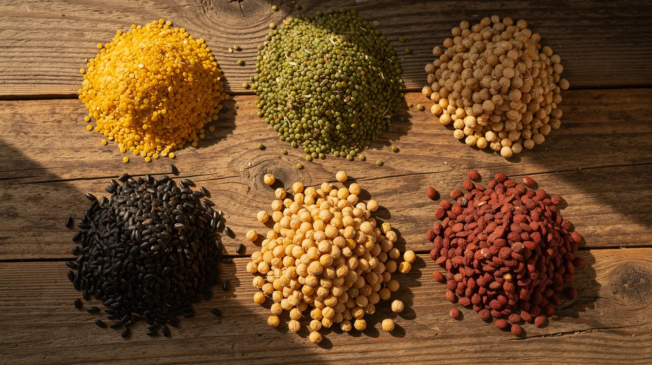 9d28b777 ae1d 4f5b b2a1 18d92e8852df The image shows various raw pulses, including toor, moong, urad, chana, and masoor, arranged in separate piles on a wooden surface. These pulses are essential ingredients in vegetarian diets and are often subjected to processes like pulse milling and dehusking to enhance their usability in cooking.