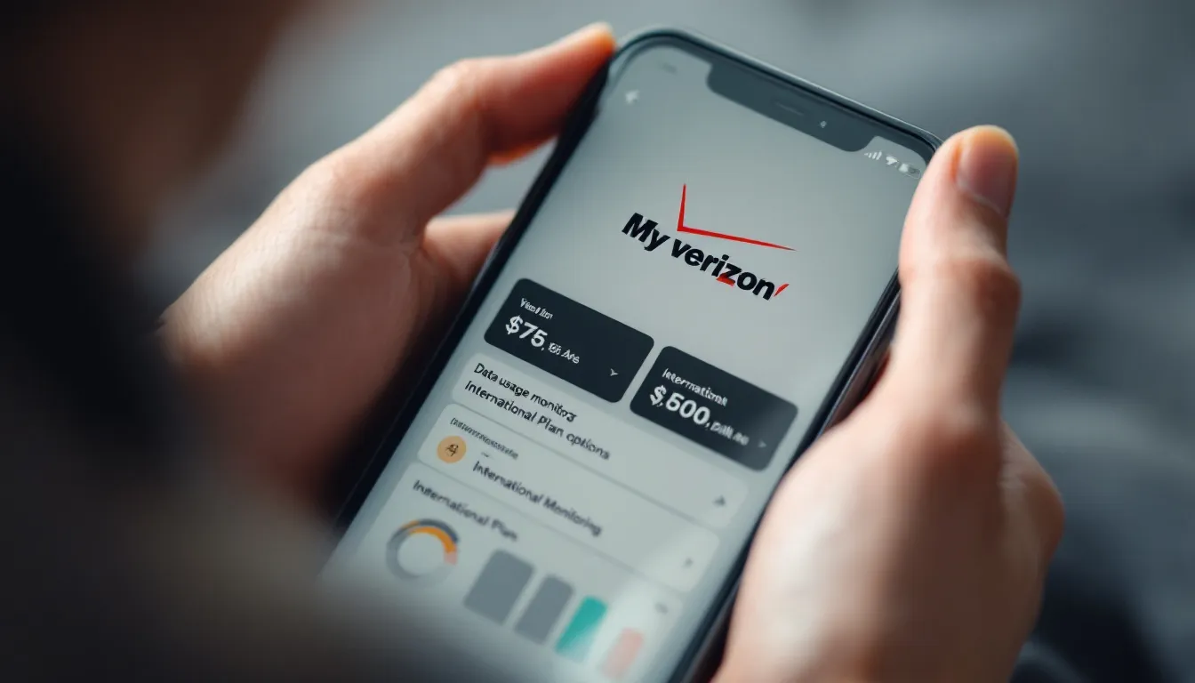A close-up view of hands holding a smartphone, which displays the My Verizon app showing options for usage monitoring and international plans, including features for unlimited calls, text, and data while traveling in countries like Mexico and Canada. The screen highlights the ability to add TravelPass for data roaming and provides information on how much data is included in various Verizon plans.