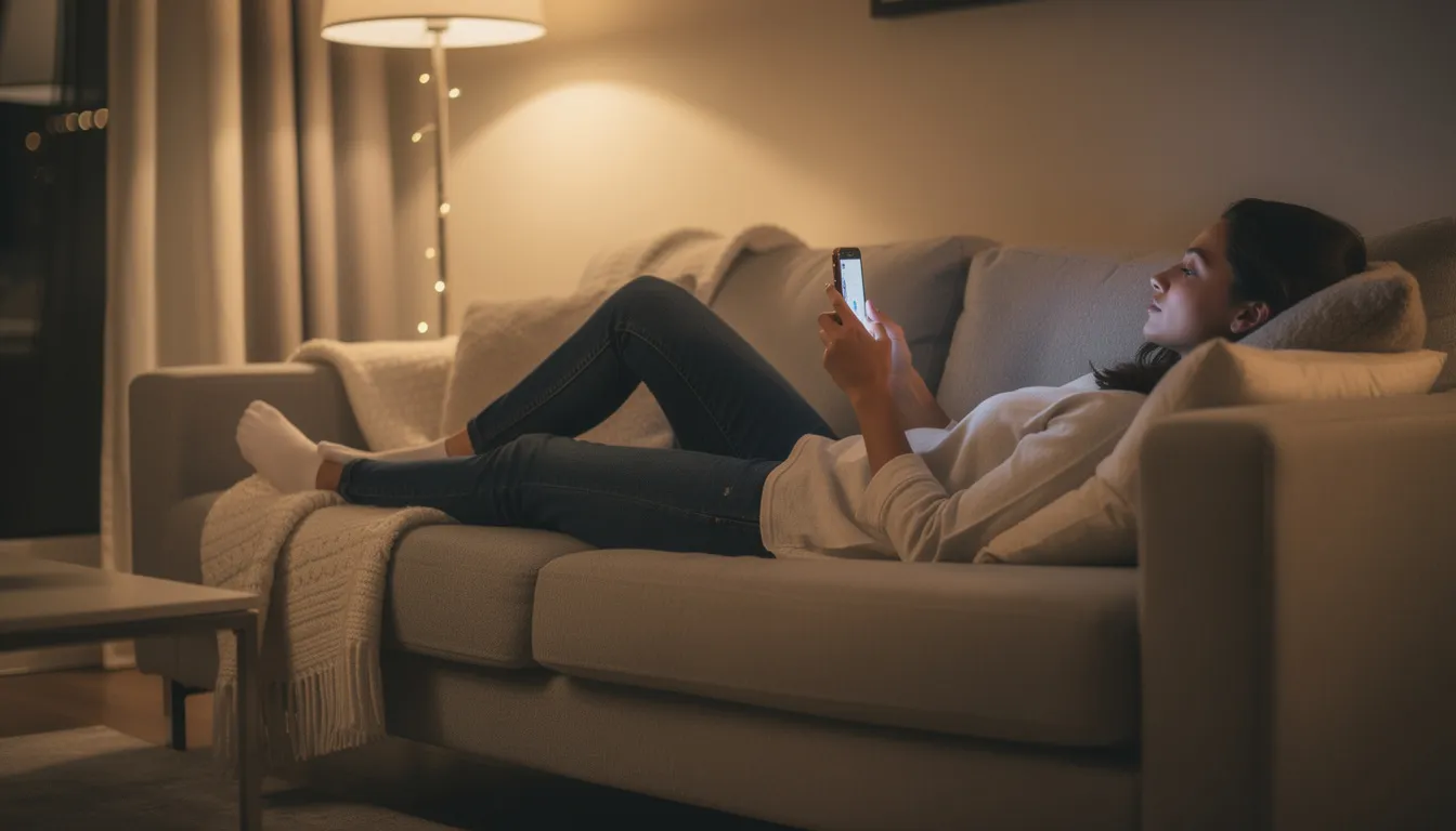 A woman is comfortably relaxing on a sofa, illuminated by warm lighting, as she browses her smartphone, engaging with content that may influence user behavior and boost conversions on mobile devices. The cozy atmosphere suggests a moment of leisure amidst the digital landscape, where optimizing conversion rates can enhance user engagement.