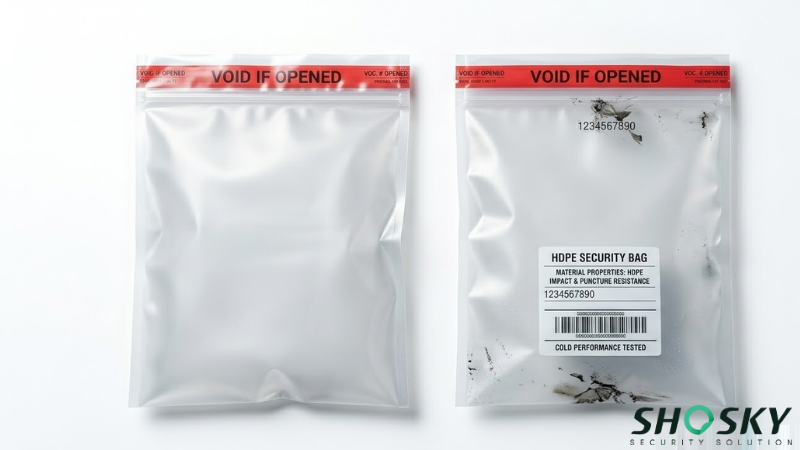 High-density polyethylene security bags showing VOID IF OPENED message