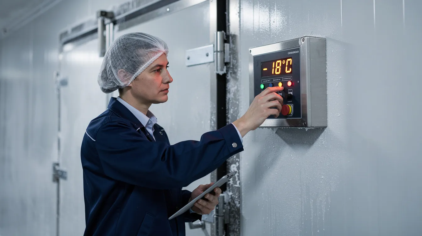 Une personne en tenue professionnelle vérifie la température sur le panneau de contrôle d'une chambre froide, essentielle pour la conservation des aliments. Ce contrôle garantit le respect des normes d'hygiène et de qualité dans le secteur de la restauration.