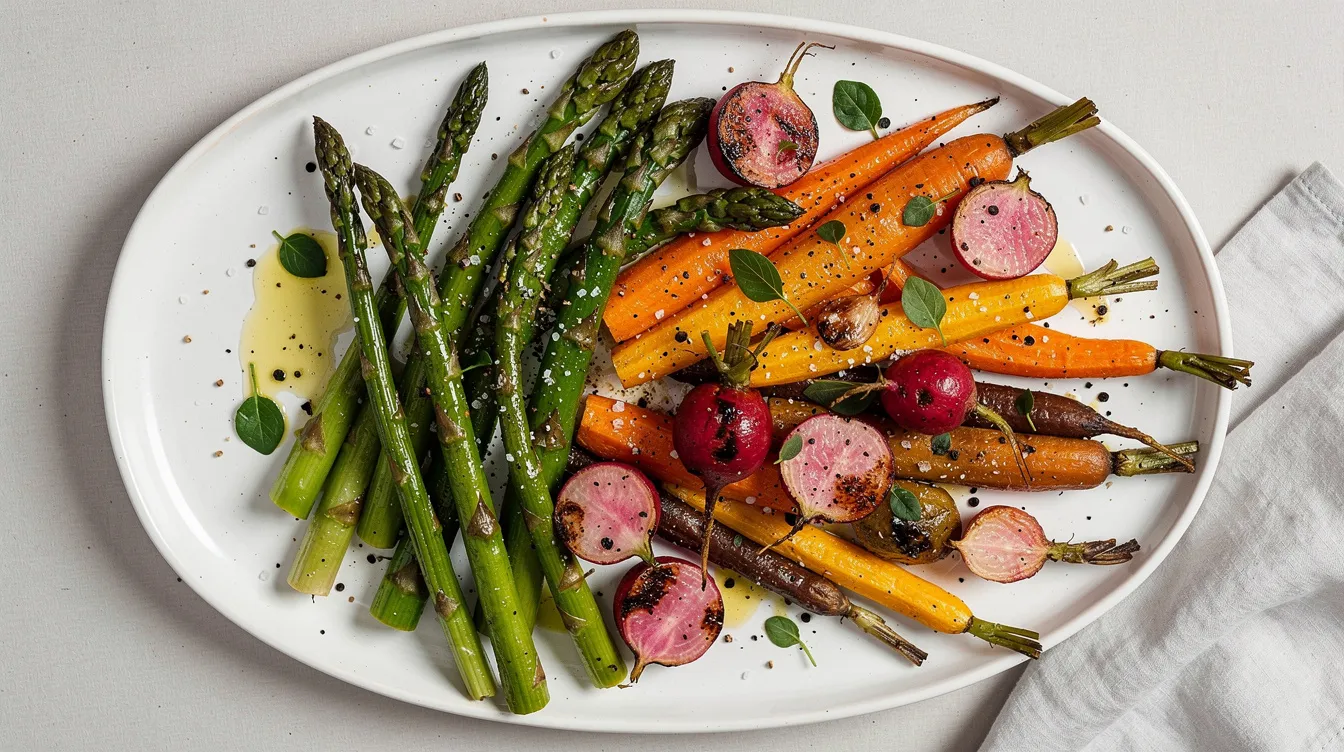 A vibrant assortment of roasted spring vegetables, including asparagus, carrots, and radishes, is beautifully arranged on a white serving dish, making it a delightful side dish for an Easter dinner or holiday table. The colorful presentation showcases fresh ingredients that are perfect for any festive meal.