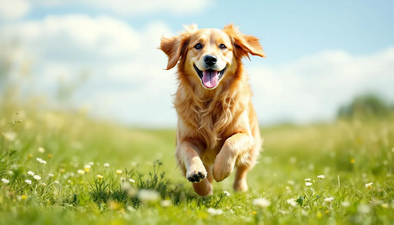 A joyful dog with a shiny coat is running freely in a lush grassy field, showcasing its healthy skin and vibrant energy. This image highlights the importance of a balanced diet and proper care for maintaining optimal dog skin health.