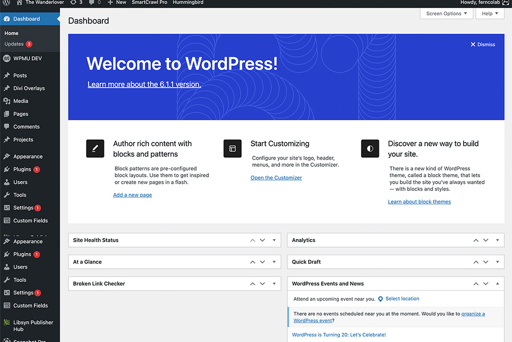 Screenshot showing the WordPress Dashboard 