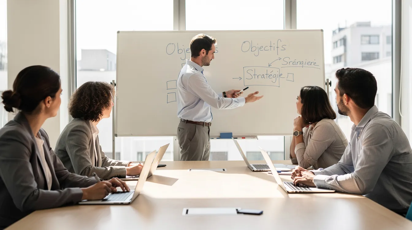 Un manager se tient debout devant un tableau blanc, discutant avec une petite équipe dans une salle lumineuse, favorisant un environnement de travail collaboratif. Cette réunion vise à améliorer la productivité au travail en partageant des astuces et des méthodes pour mieux gérer les tâches quotidiennes.