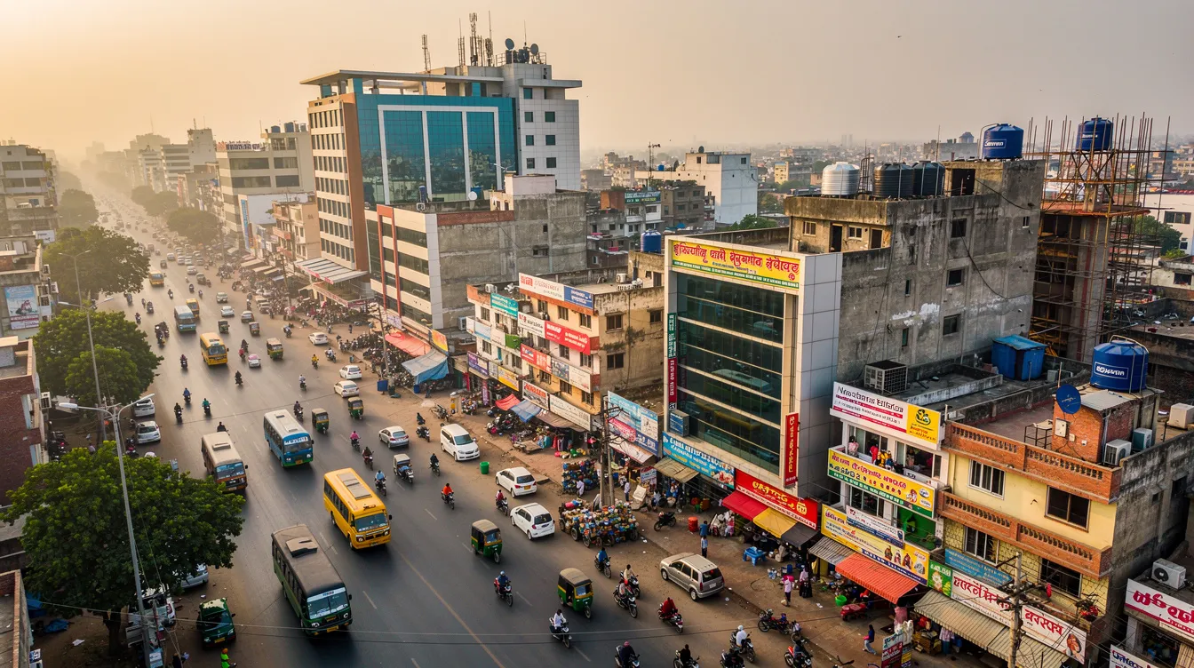 9d308224 816e 45cf bea6 761fd5311147 An aerial view captures a bustling commercial district in an Indian tier-2 city, showcasing a blend of large hotels and modern office buildings, indicative of the thriving hospitality sector and growing tourism industry. The scene reflects the dynamic economic activity and potential for hotel financing and project management in this vibrant urban landscape.