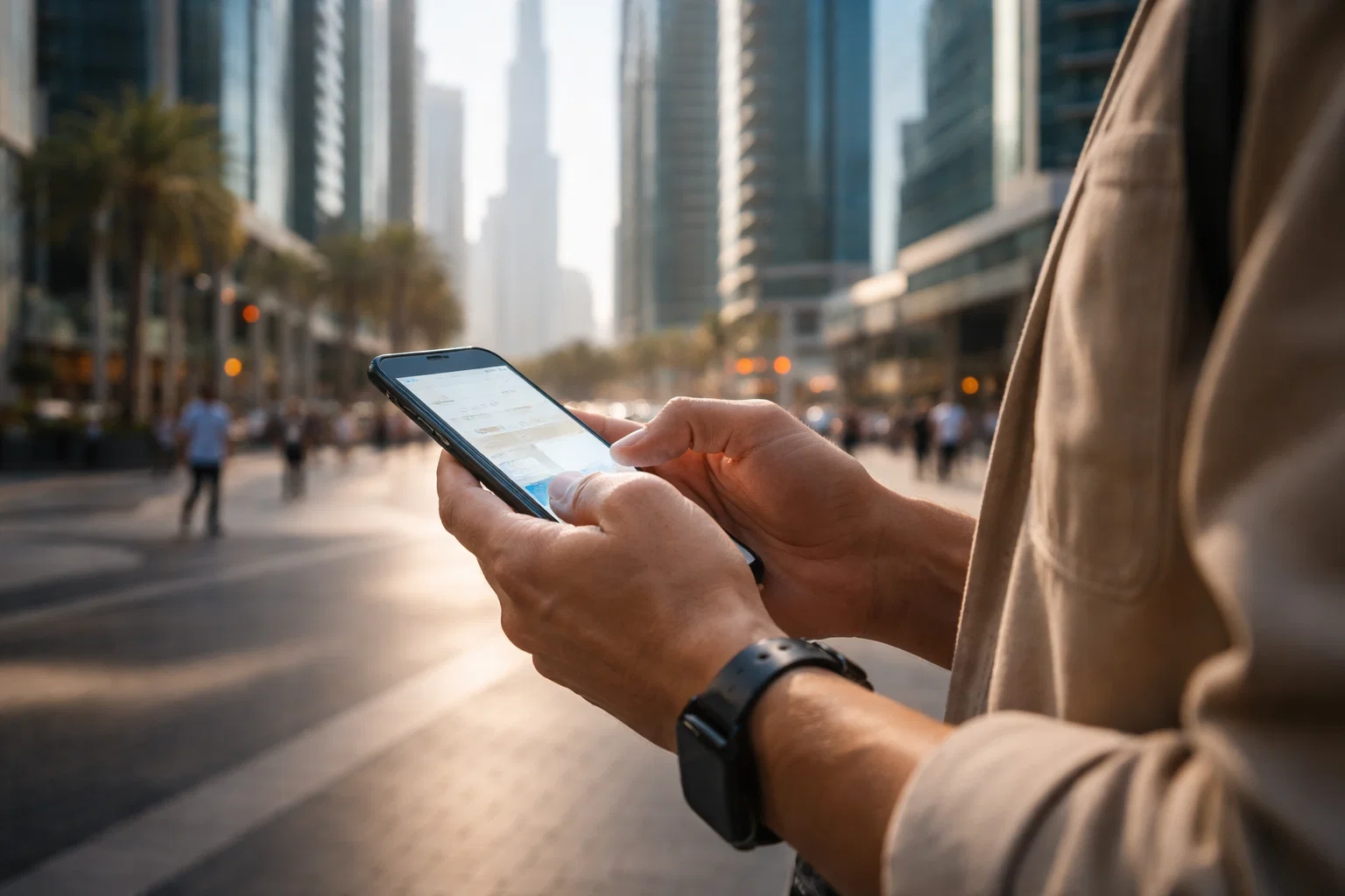 Person using a smartphone in central Dubai, symbolising mobile searches and local SEO visibility