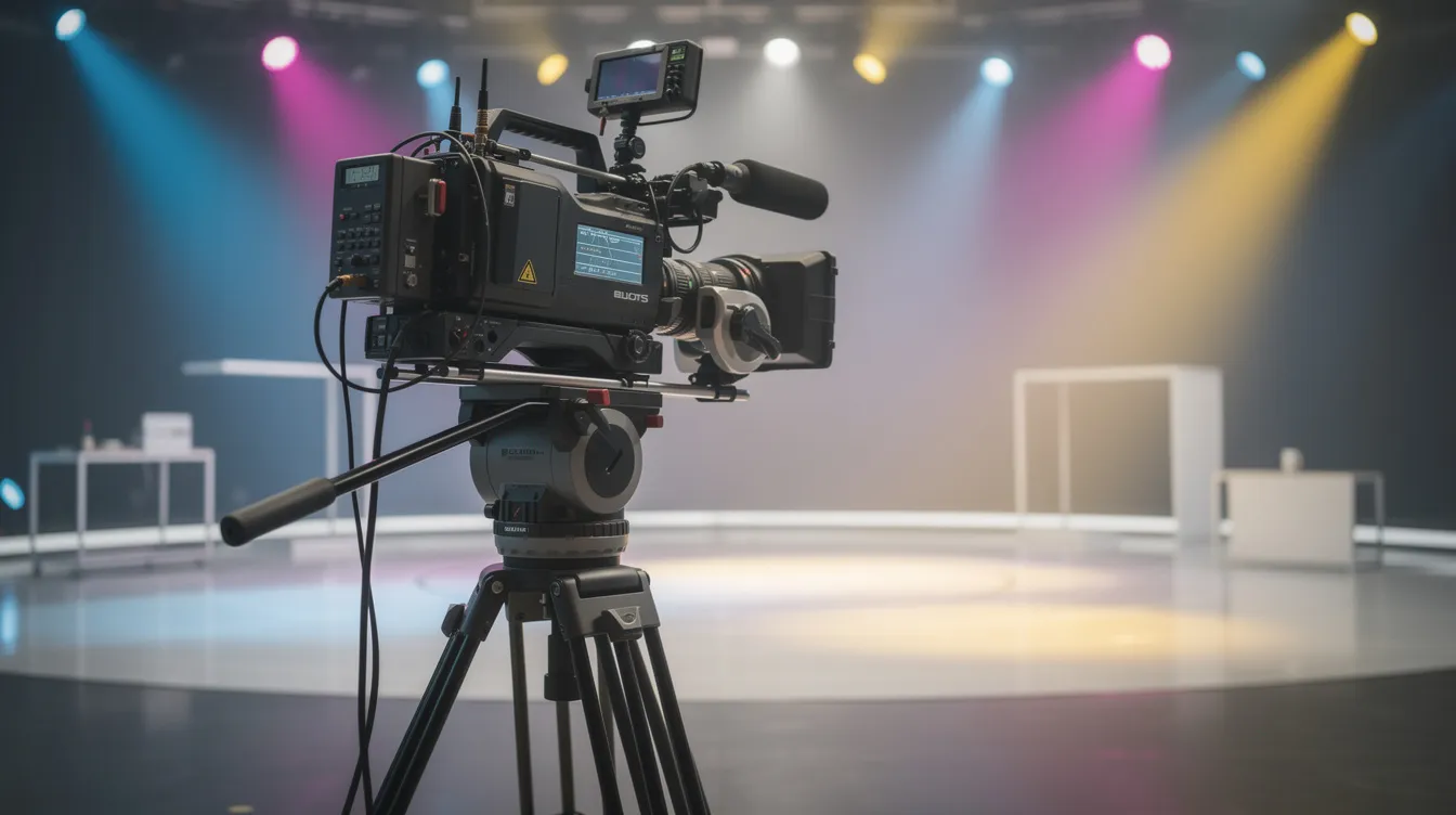Die Bildbeschreibung zeigt eine Fernsehkamera in einem hell erleuchteten Studio, umgeben von bunten Scheinwerfern, während die Bühne leer und bereit für eine Präsentation ist. Diese Szenerie könnte für die Aufzeichnung von Fitness-Videos oder Inhalten von Influencern wie Ron Bielecki genutzt werden, der für seinen Lebensstil und seine Karriere als Fitness Youtuber bekannt ist.