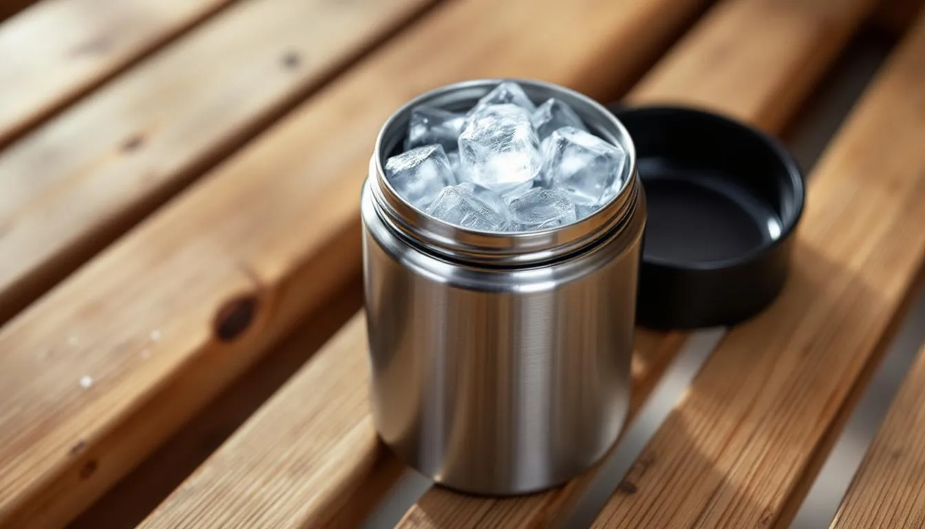 The image features ice cubes in a small insulated container resting on a wooden sauna bench, suggesting a unique approach to cooling down during a sauna session. This setup highlights the contrast therapy concept, where the intense heat of the sauna is balanced with cold elements, enhancing relaxation and aiding muscle recovery.