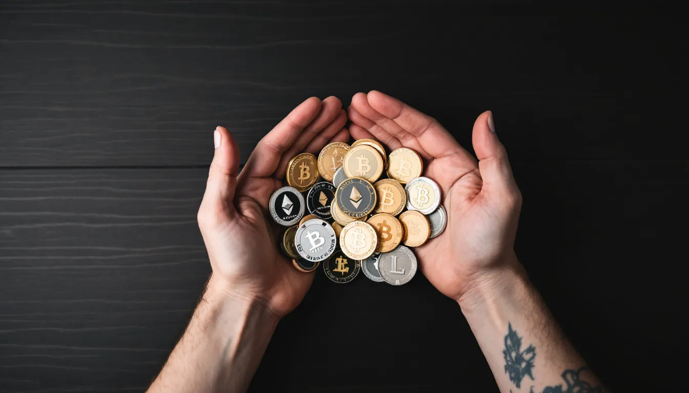 The image shows a pair of hands holding various cryptocurrency coins, symbolizing the intersection of digital currency and online gambling. This visual representation highlights the growing popularity of cryptocurrencies in platforms like Roobet, where users can engage in casino games and sports betting.
